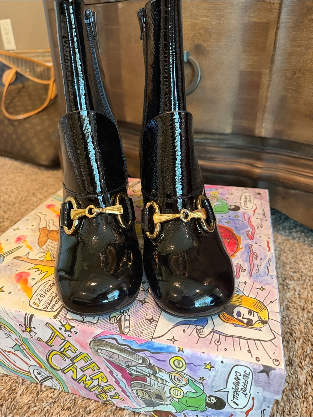 Jeffrey Campbell Black Patent Crinkle Boots with Gold Bit - Alda